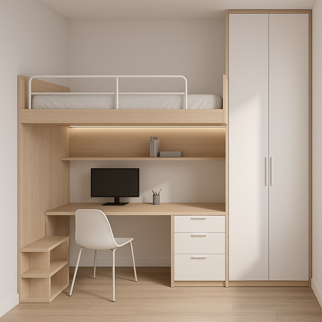 Projeto 3D de um dormitório planejado com cama alta, escrivaninha e guarda-roupa